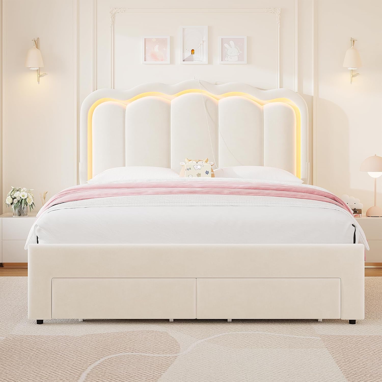 Full Upholstered LED Bed Frame with 2 Storage Drawers and Adjustable Chic Double Wavy Headboard, Velvet Princess Platform Bed with Charing Station, Solid Wood Slats Support,No Box Spring Needed,Beige