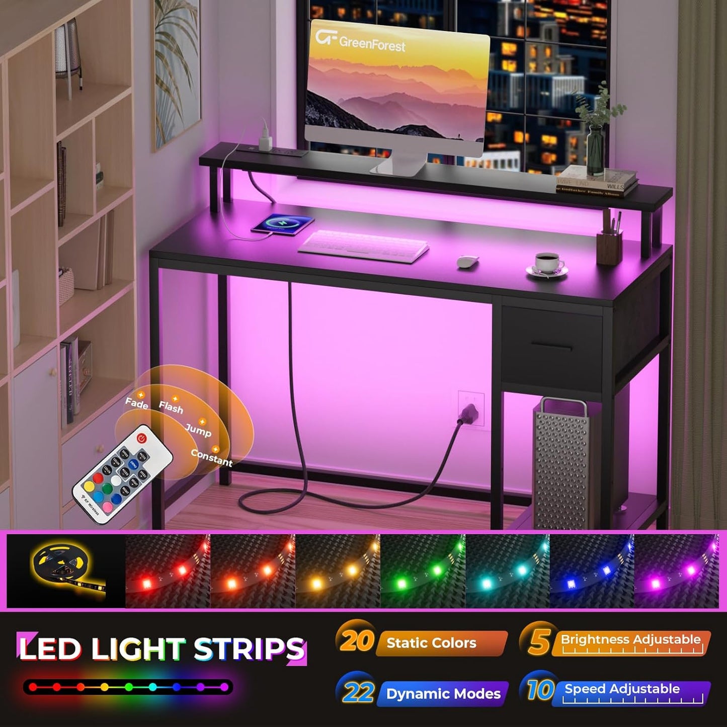 Gaming Desk 39 Inch with LED Lights and Monitor Stand, Computer Desk with Drawer for Small Spaces, Office Desk with Power Outlets and Shelf, Black