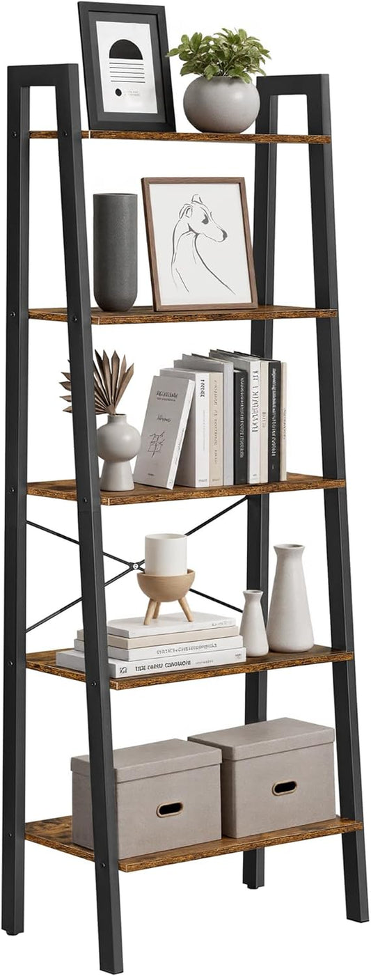 Ladder Shelf, 5-Tier Bookshelf, Storage Rack, Bookcase with Steel Frame, for Living Room, Home Office, Kitchen, Bedroom, Industrial Style, Rustic Brown and Ink Black ULLS45X