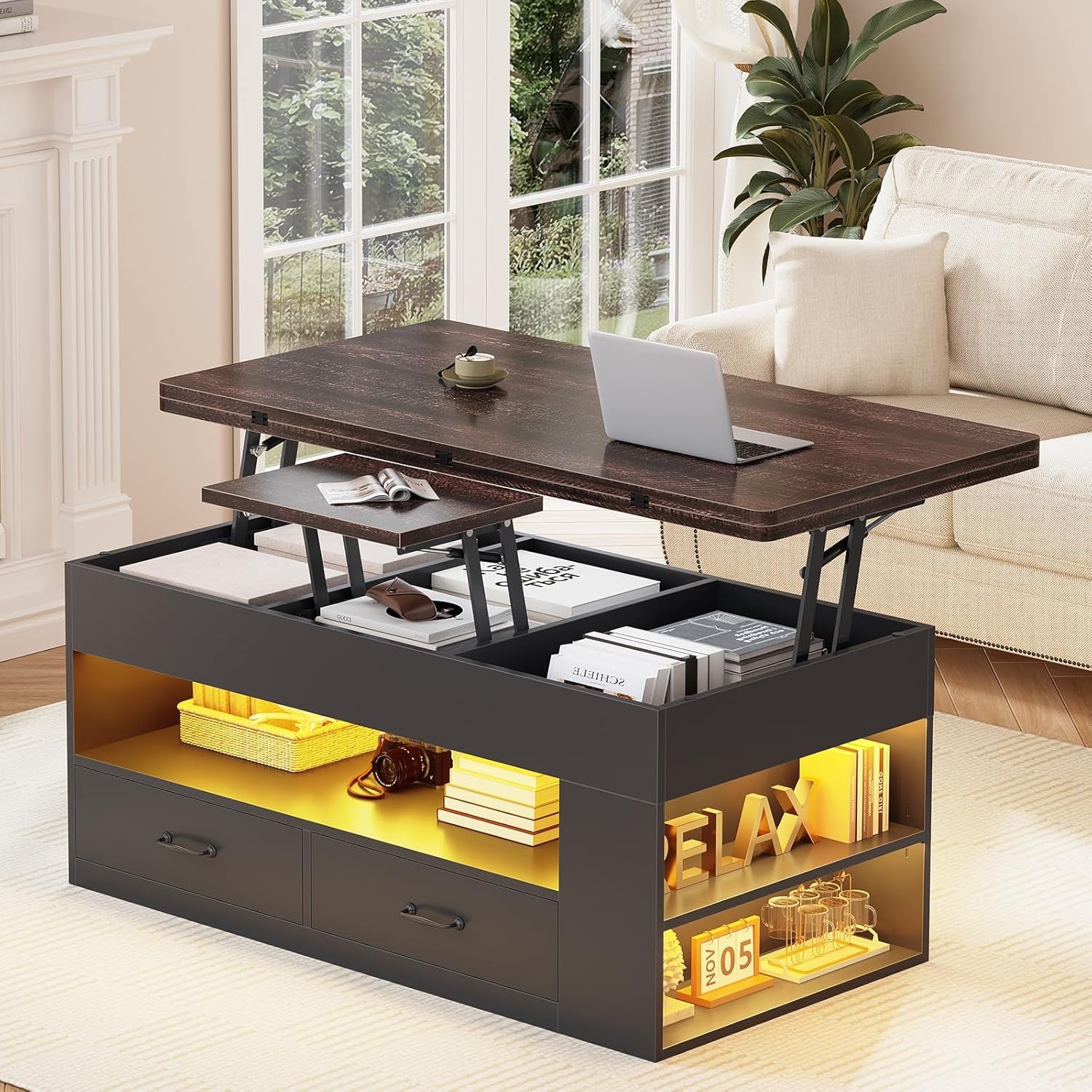 Lift Top Coffee Table, 4 in 1 Coffee Tables with Storage and Hidden Compartment, Farmhouse Coffee Table with 2 Fabric Drawers & LED Light for Living Room, Black