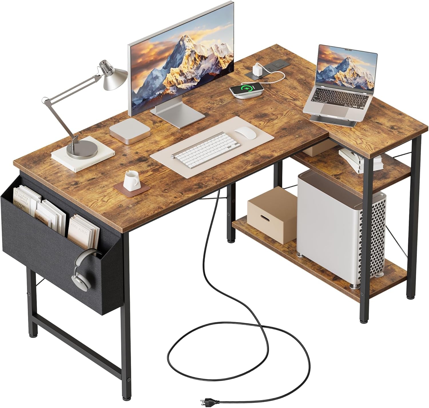 Small L Shaped Computer Desk with Power Outlets, Gaming Desk for Small Spaces, Corner Desk with Reversible Storage Shelves, Study Writing Table for Home Office