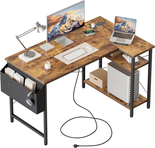 Small L Shaped Computer Desk with Power Outlets, Gaming Desk for Small Spaces, Corner Desk with Reversible Storage Shelves, Study Writing Table for Home Office