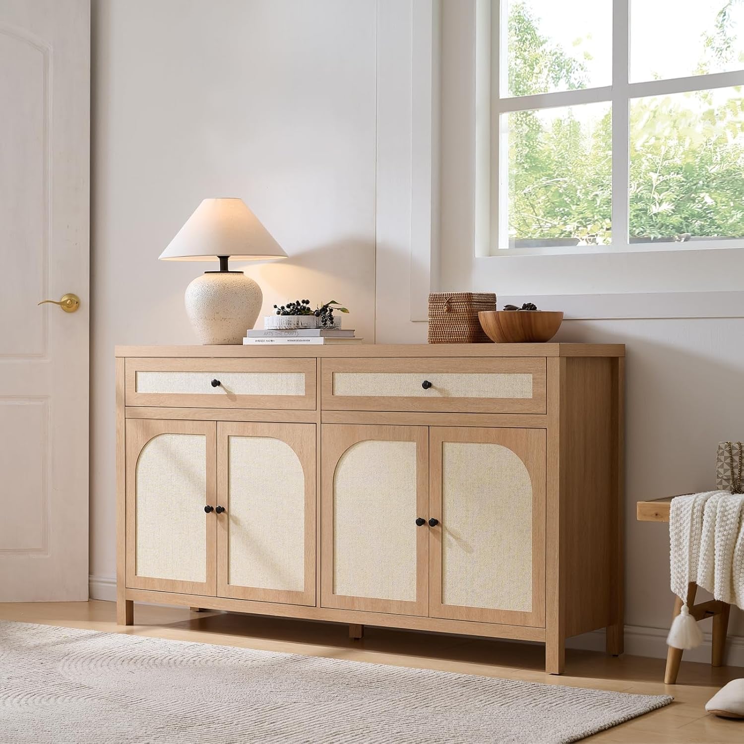 60'' Large Sideboard Buffet Cabinet with Storage, Rattan Accent Cabinet with Doors Drawers and Adjustable Shelves, Farmhouse Credenza Wood Coffee Bar Cabinets for Living Room Kitchen Entryway, Natural