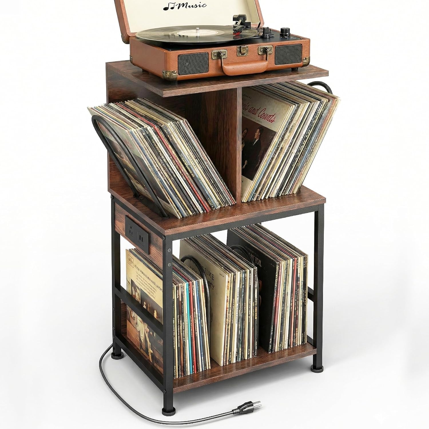 Record Player Stand with Vinyl Storage, Large Record Table Holds 180 Albums, Vinyl Record Storage Stand with USB Charger, Multi-Functional Side Table & Shelf for Living Room Bedroom