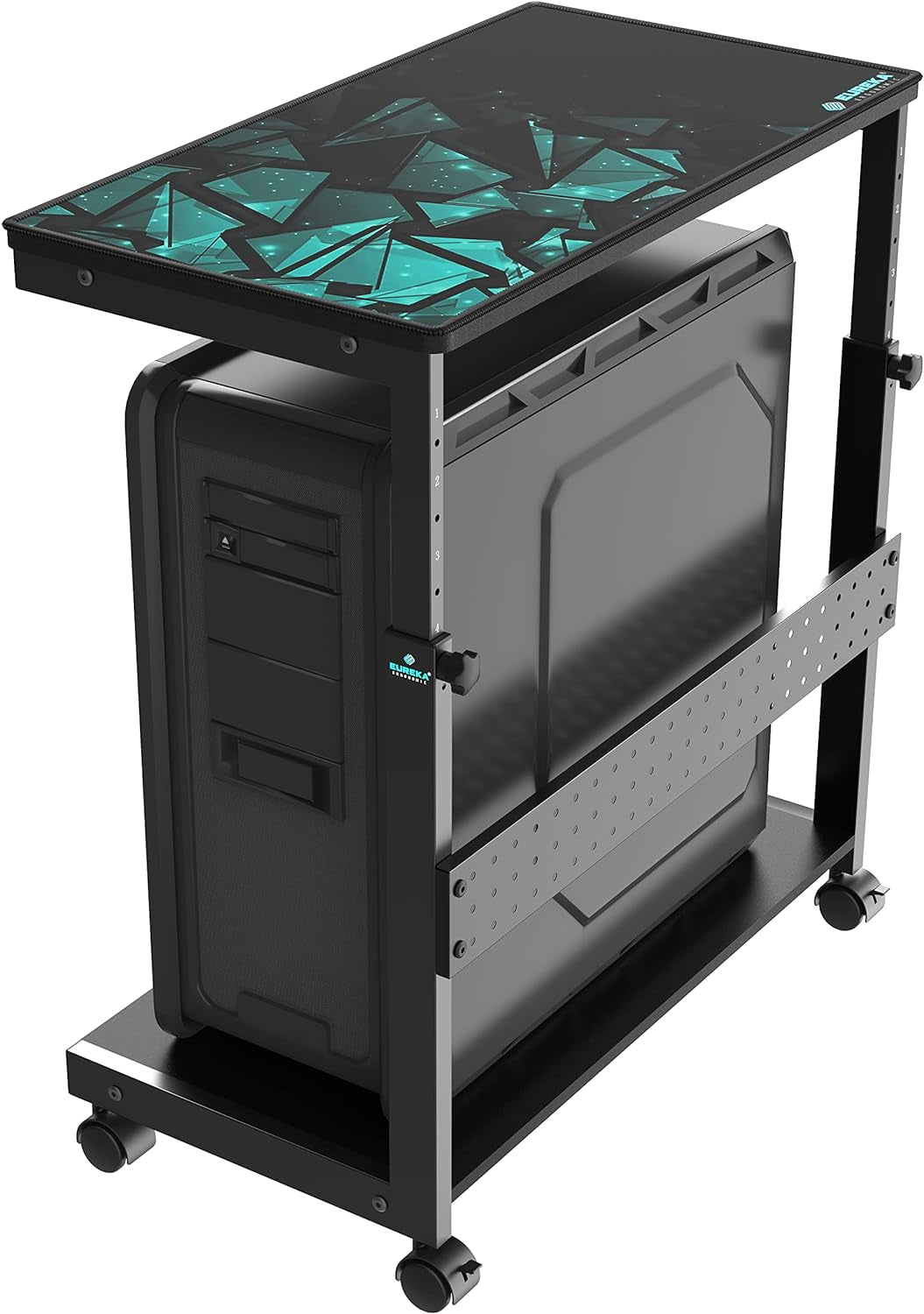 PC Stand Computer Cart, Height Adjustable Tower Stand 2-Tier Suit for ATX Case Printer, Metal Rolling Cart on Wheels for Gaming Home Office, Black