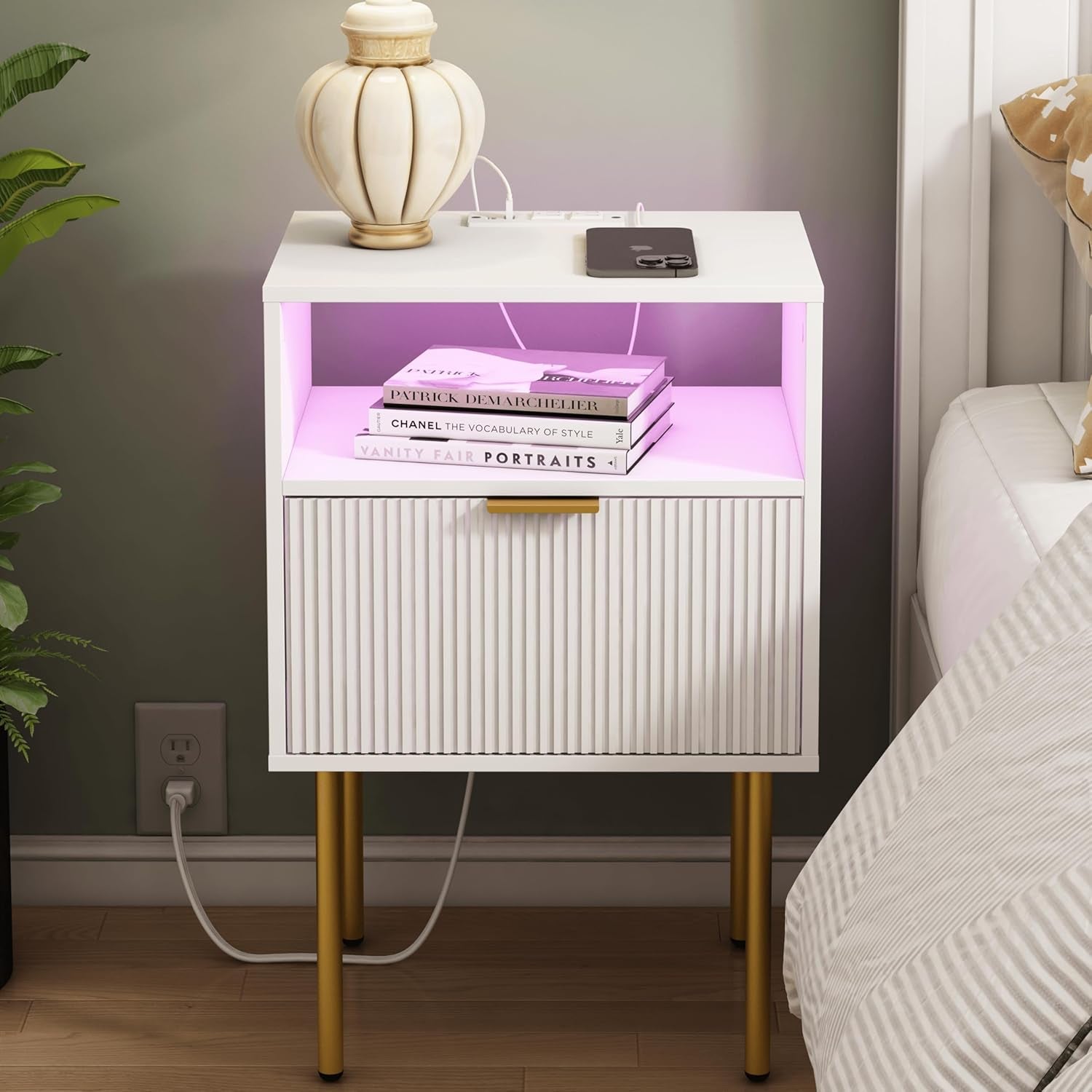 Modern Nightstand with Charging Station and LED Lights, White Bedside Table with Drawer, Fluted Side Table for Living Room, Bedroom