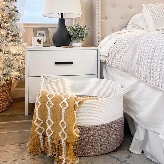 Xxxlarge Blanket Basket for Living Room 21.7" X 21.7" X 13.8"-Storage Basket with Handle for Organizing Toy Pillows Woven Cotton Rope Laundry Basket Stuffed Animal Toy Storage for Play Room