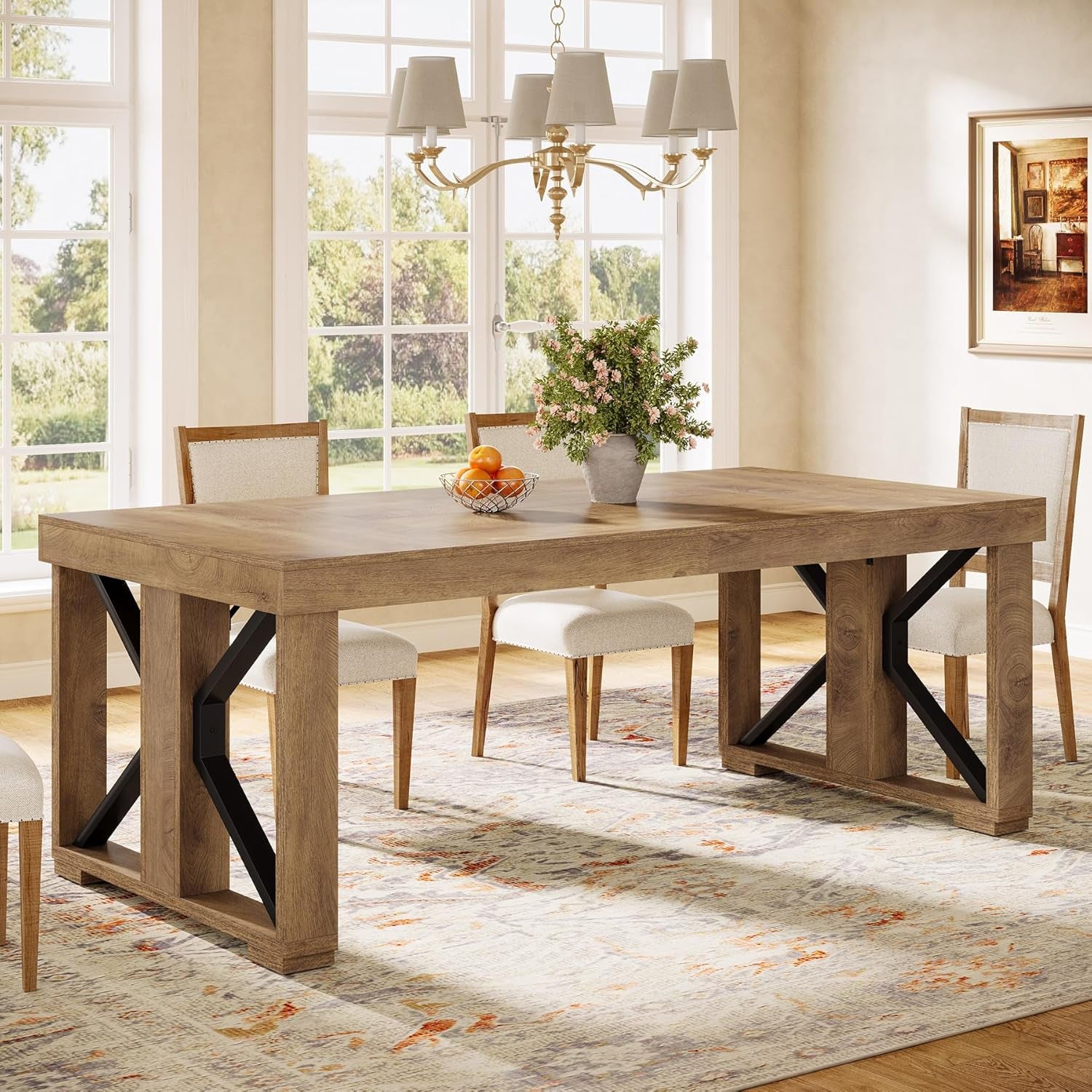 70.87" Rectangular Dining Table for 6-8 People, Farmhouse Wooden Kitchen Dinner Table with Strong Base for Dining Room, Kitchen, Living Room, Brown