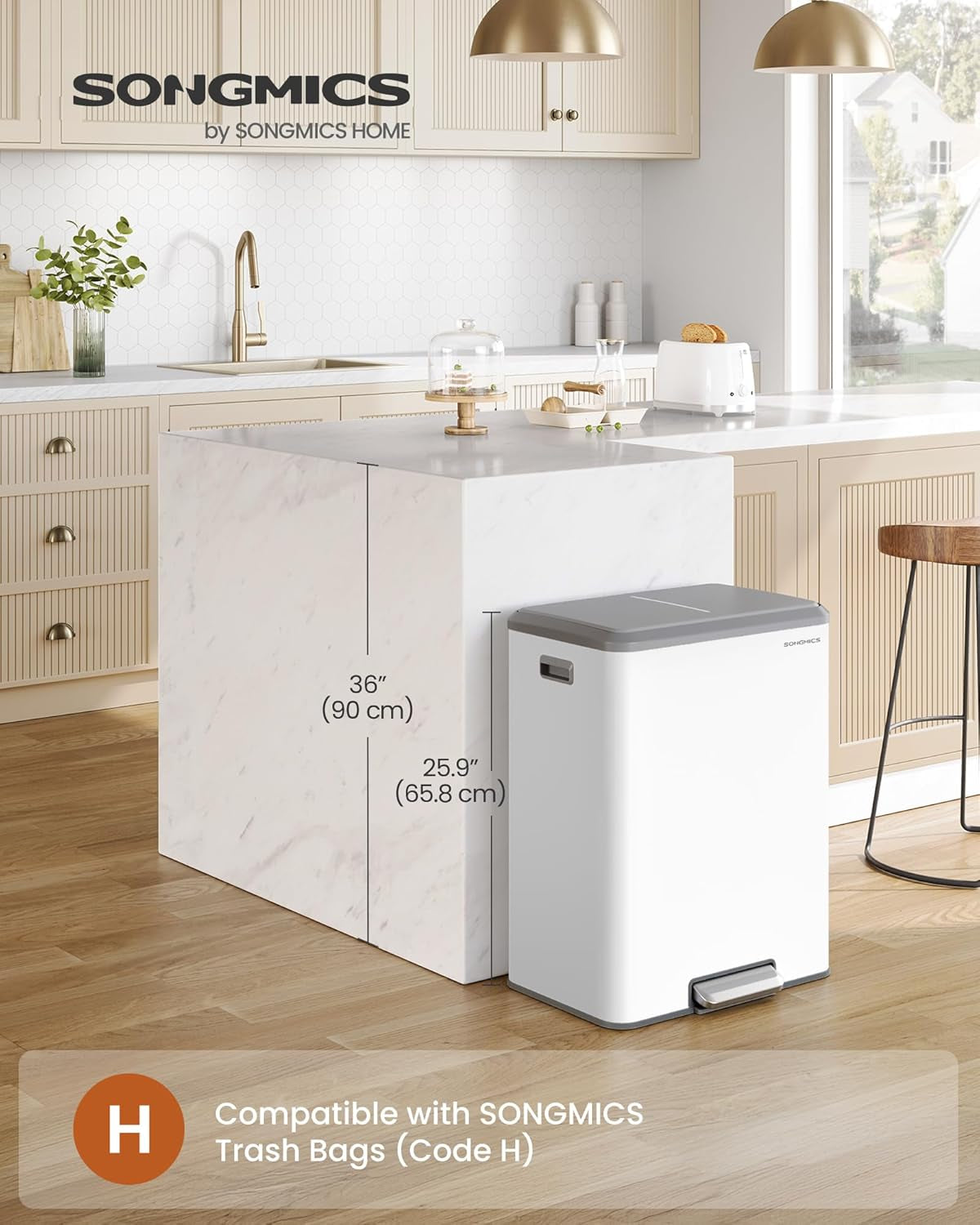 Trash Can, 2 X 8 Gallon (2 X 30 L) Double Garabge Can for Recycling and Waste, Stainless Steel, Soft-Close Lid, Inner Buckets, Wide Sturdy Pedal, Cloud White ULTB556W01