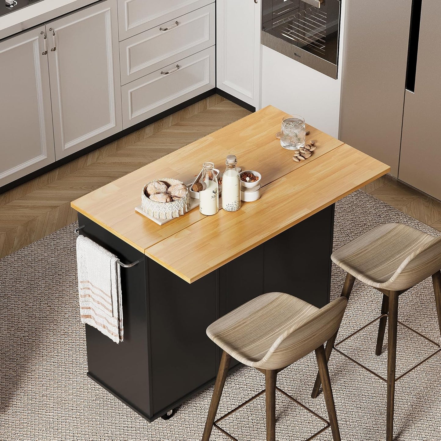 Rolling Kitchen Island Cart with Folding Drop Leaf Breakfast Bar, Portable Trolley Island with Large Storage Cabinet, Shelf and Drawer, Black