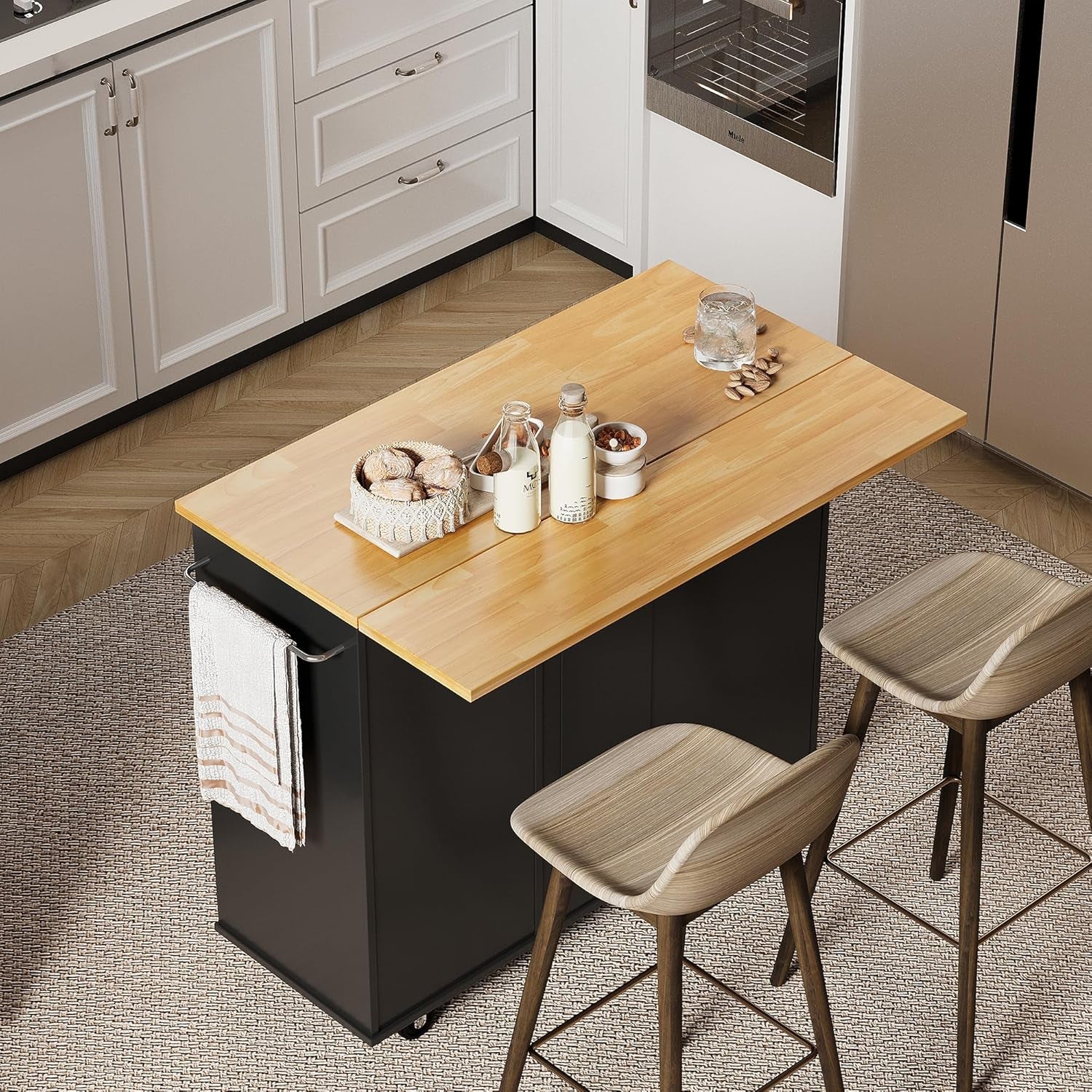 Rolling Kitchen Island Cart with Folding Drop Leaf Breakfast Bar, Portable Trolley Island with Large Storage Cabinet, Shelf and Drawer, Black