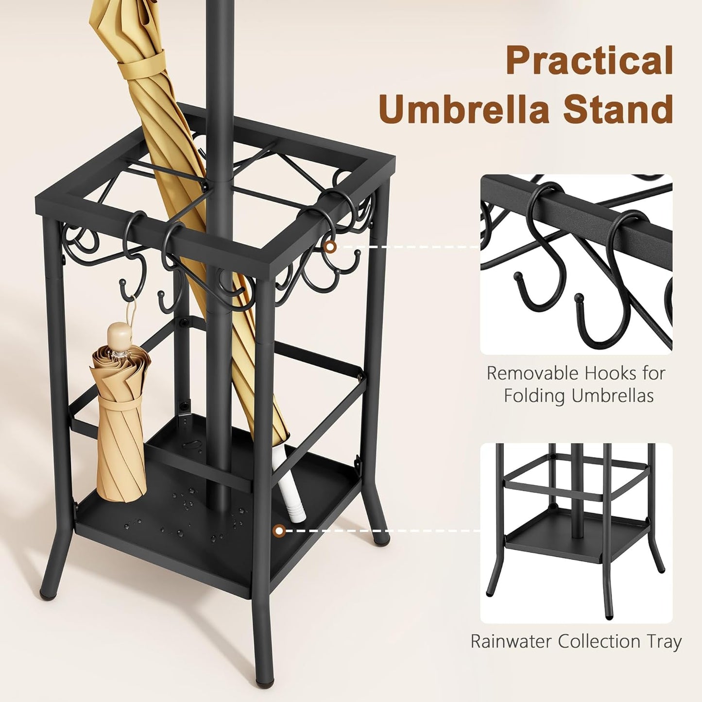 Coat Rack Freestanding, Coat Tree with Umbrella Holder, Metal Coat Rack Stand with 12 Hooks, Standing Coat Hanger Stand, Umbrella Stand for Entryway, Hat Rack Stand for Home Office, Black