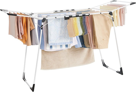 Clothes Drying Rack Foldable, Gullwing Laundry Drying Rack, Space-Saving, 22.2 X 68.1 X 38 Inches, Sock Clips, Metal Structure, for Clothes, Towels, Linens, Indoor, Outdoor White ULLR518W01