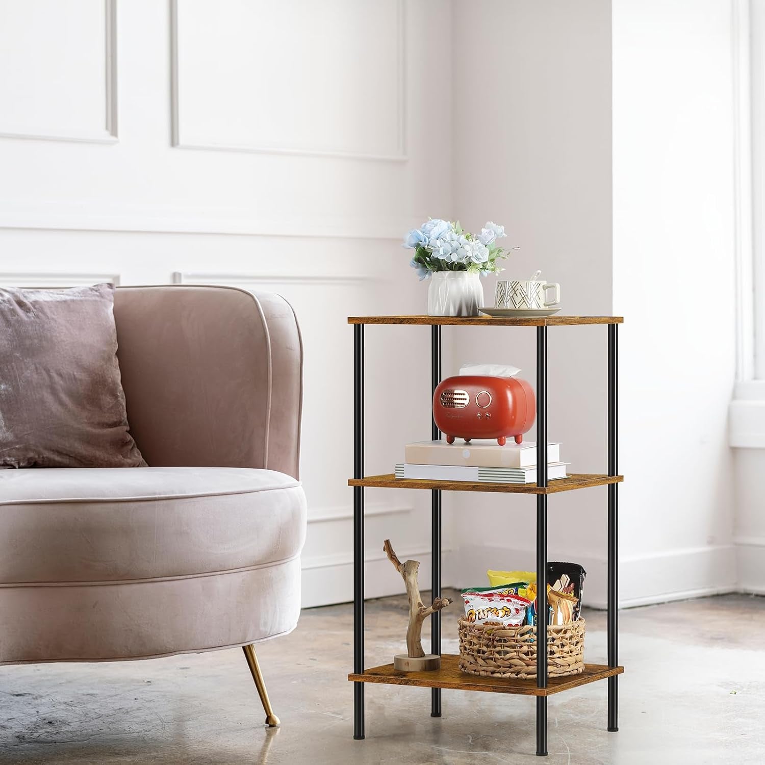 Tall Side Table 30 Inch Height Small Tall Bedside Table with Storage Shelves 3 Tier Narrow End Table Industrial Telephone Table for Living Room, Bedroom, Office, Rustic Brown