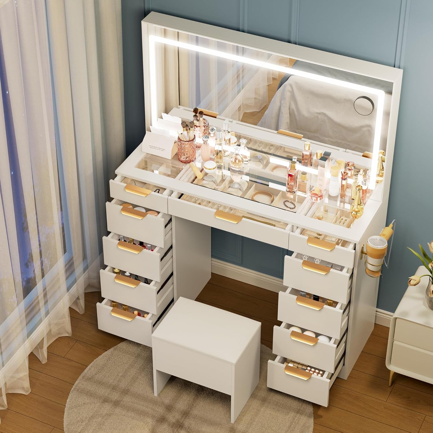 Glass Top Vanity Desk with Mirror and Lights, 11 Drawers Makeup Vanity with Charging Station and Chair, Golden Handles Dressing Table, 3 Lighting Modes Makeup Table, White