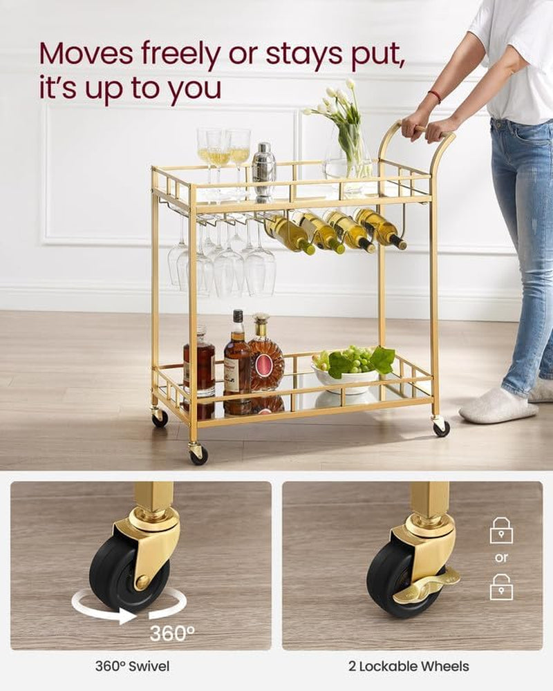 Bar Cart Gold, Home Bar Serving Cart, Wine Cart with 2 Mirrored Shelves, Wine Holders, Glass Holders, for Kitchen, Dining Room, Gold ULRC090A03