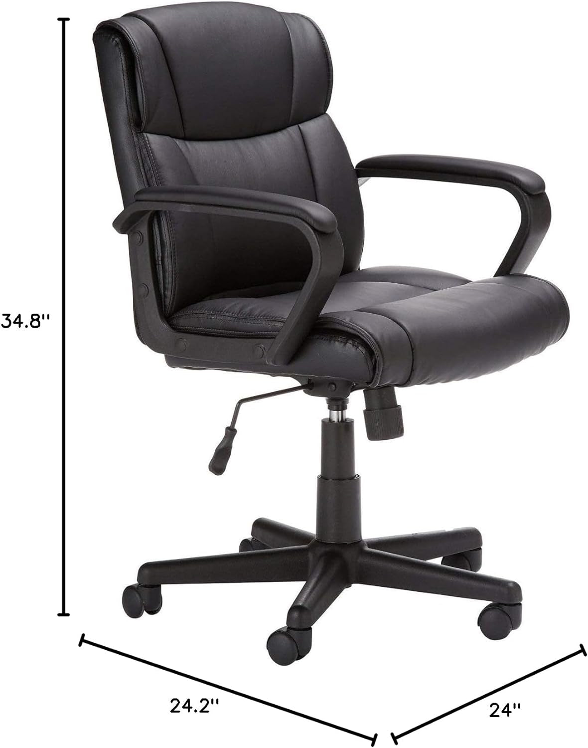 Office Computer Task Desk Chair with Padded Armrests, Mid-Back, Adjustable, 360 Swivel, Rolling, 275 Pound Capacity, 24.2"D X 24"W X 34.8"H, Black Faux Leather