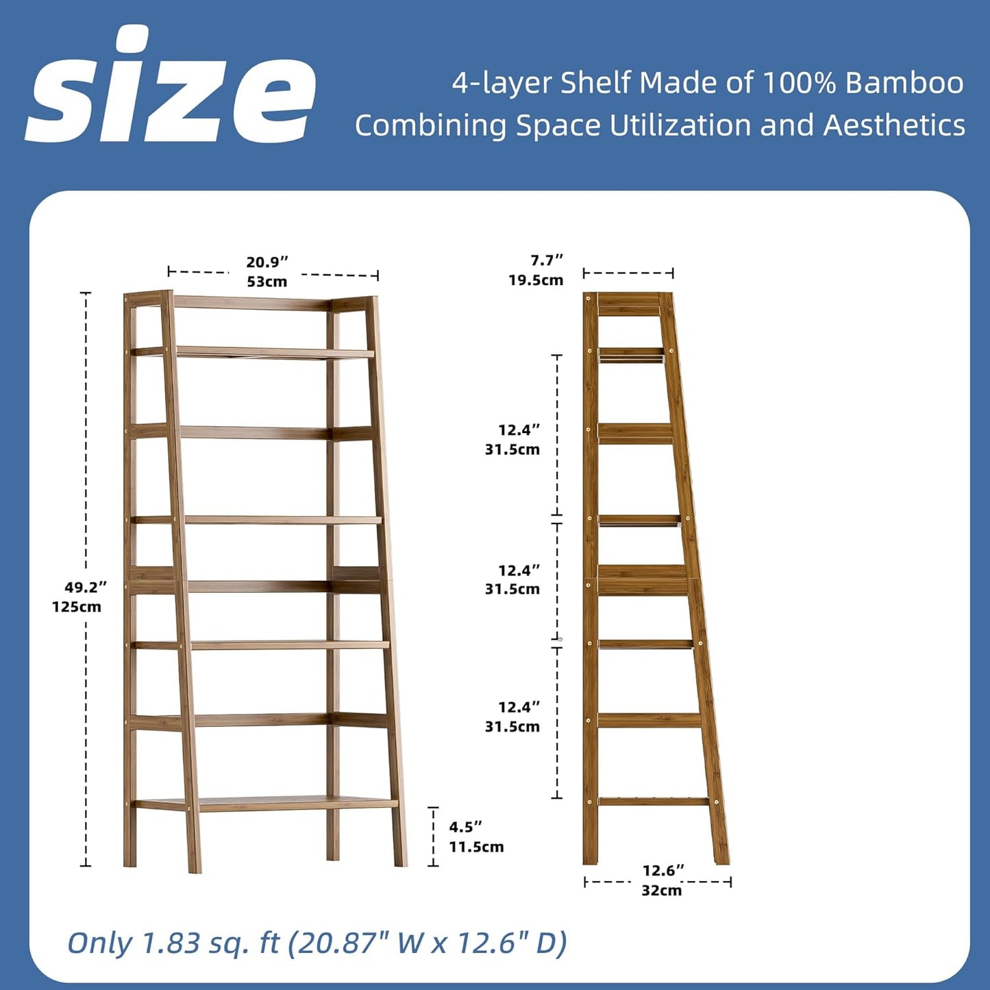 Ladder Shelf, 4-Tier Bamboo Bookshelf, Freestanding Open Display Storage Rack, Space Saving Flower Plant Display Stand for Bathroom Living Room, Walnut