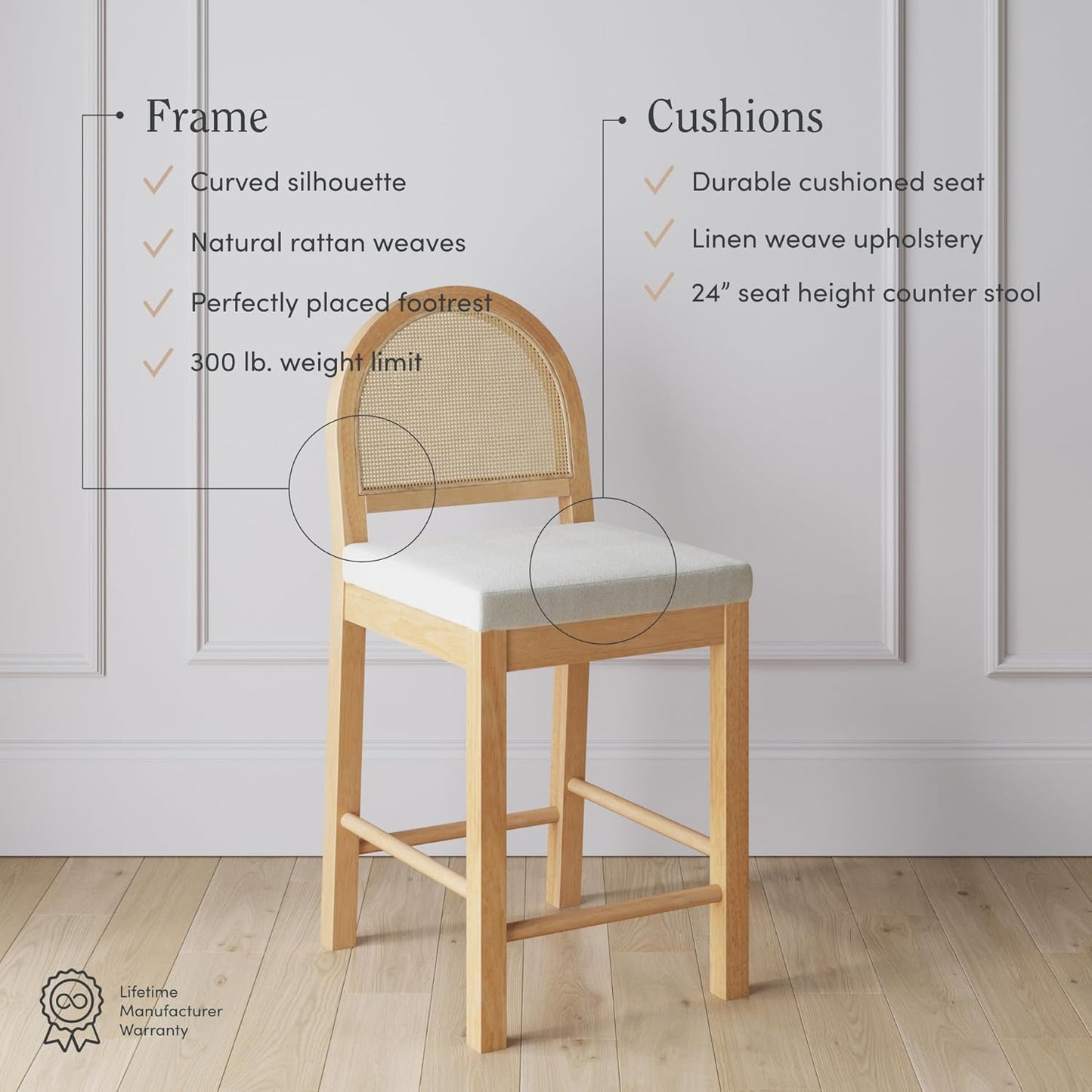Bailey Upholstered Rattan Bar Stool in Oak Finish Frame, Counter Height Stool with Natural Rattan Woven Back for Kitchen Island, Brown