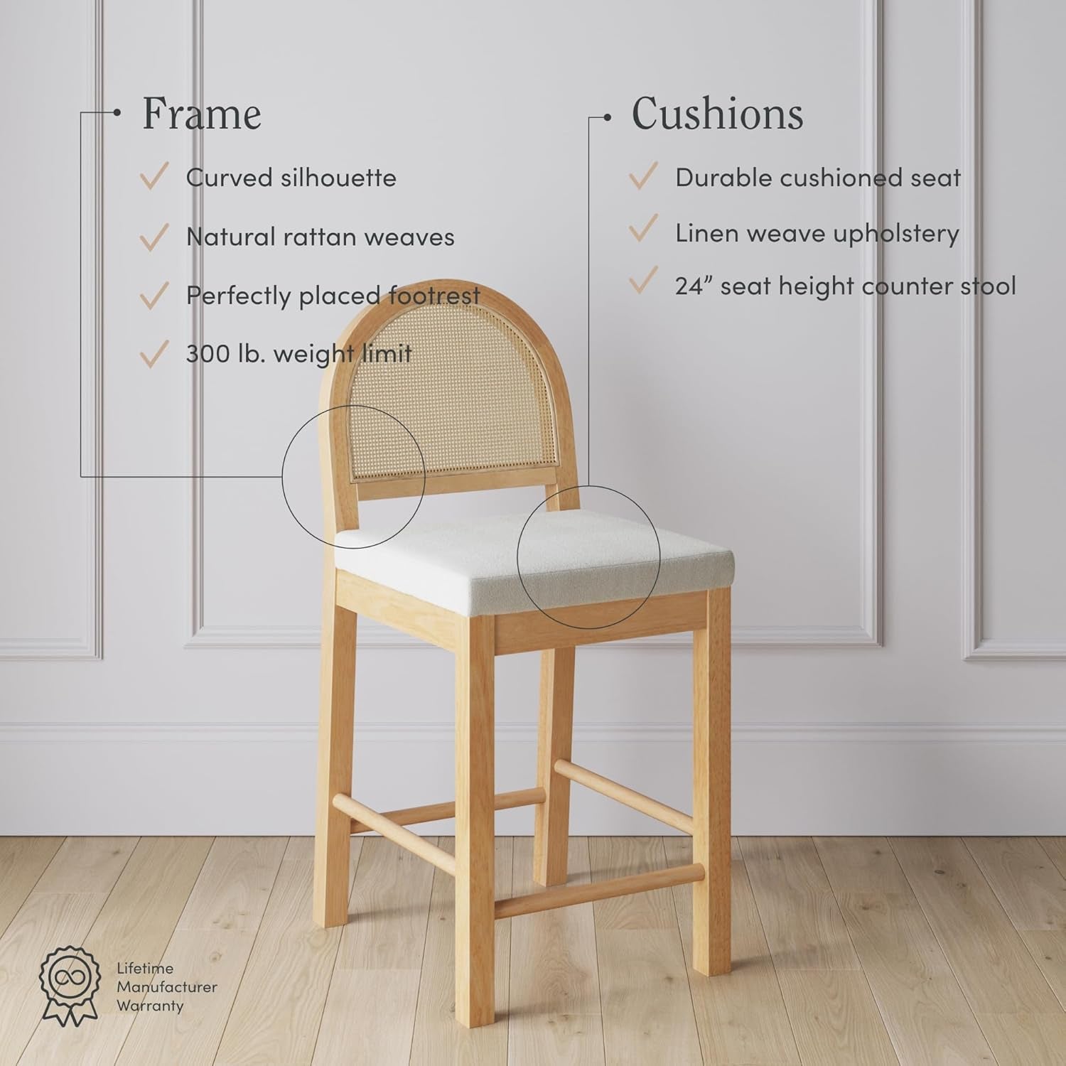 Bailey Upholstered Rattan Bar Stool in Oak Finish Frame, Counter Height Stool with Natural Rattan Woven Back for Kitchen Island, Brown