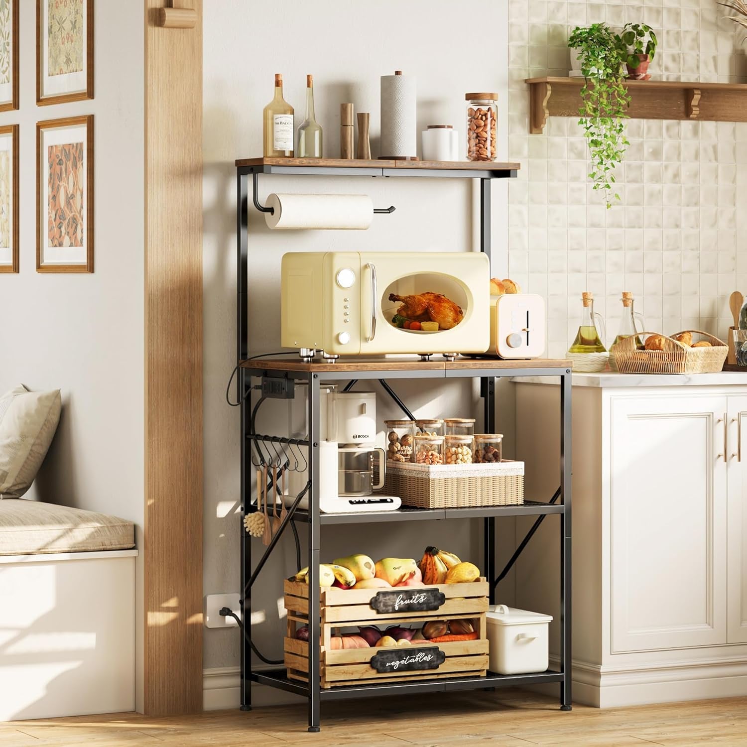 4-Tier Bakers Rack with Reversible Power Outlet, 23.6 Inch Microwave Stand, Kitchen Coffee Bar, with Top Shelf, 6 S Hooks, Rustic Brown