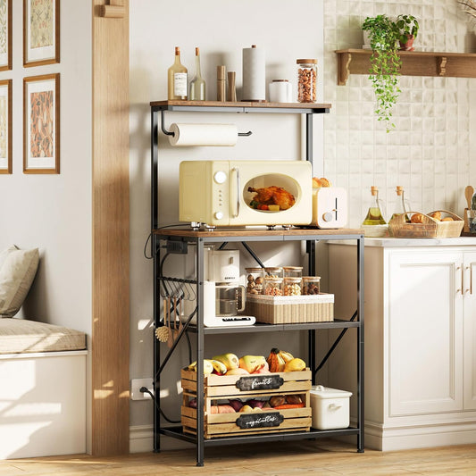4-Tier Bakers Rack with Reversible Power Outlet, 23.6 Inch Microwave Stand, Kitchen Coffee Bar, with Top Shelf, 6 S Hooks, Rustic Brown