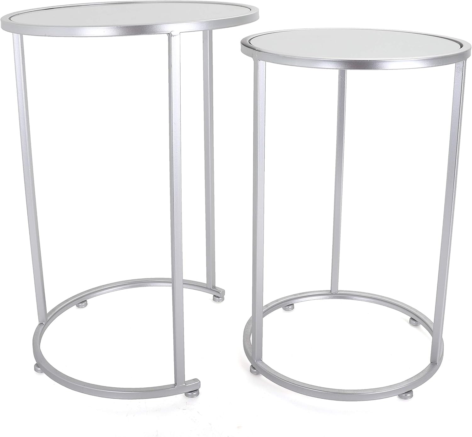 round End Table Set - Silver End Tables with Mirrored Tops - Nesting round Accent Tables - Silver and Mirrored Metal Side Tables Odessa End Table Set