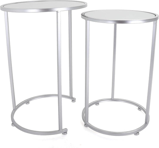 round End Table Set - Silver End Tables with Mirrored Tops - Nesting round Accent Tables - Silver and Mirrored Metal Side Tables Odessa End Table Set