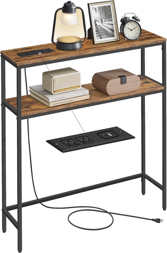Console Table with Power Outlet, 2-Tier Narrow Sofa Table with 2 Shelves, 7.9 X 31.5 X 31.5 Inches, for Living Room, Hallway, Entryway, Rustic Brown and Ink Black ULNT135K01