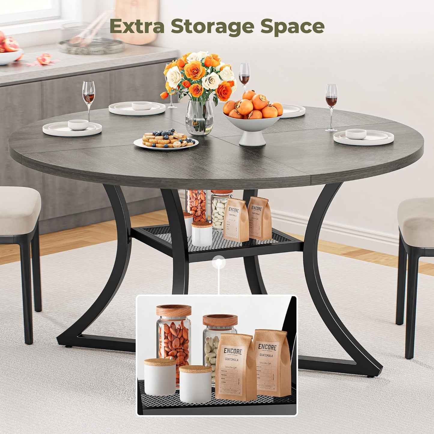 47.2" round Dining Table for 4, Wood Kitchen Table with Storage Shelf for Dining Room, Dinner Table with Wooden Tabletop and Metal Base, Cherry