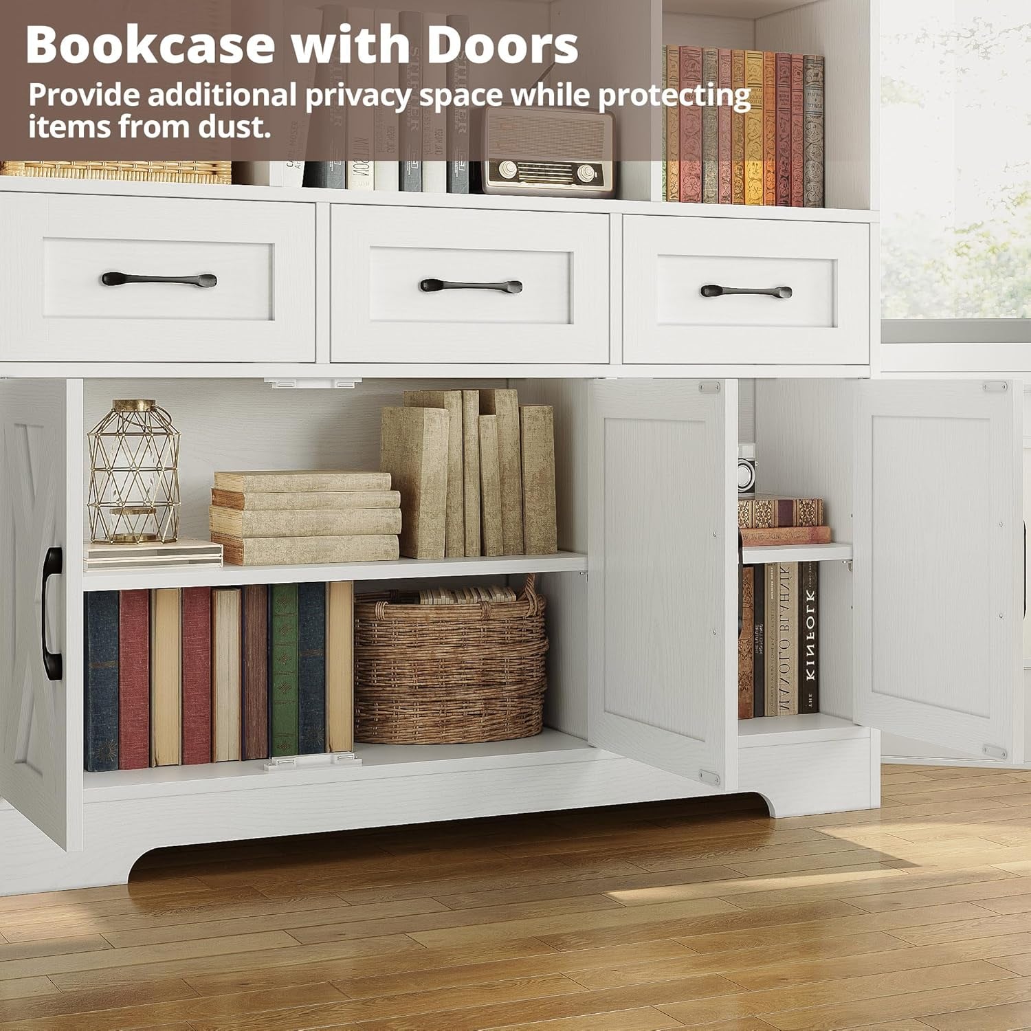 Bookshelf with Drawers & Doors, Tall Bookshelf with Storage, Bookcase with Cabinets for Home Office, Living Room, White