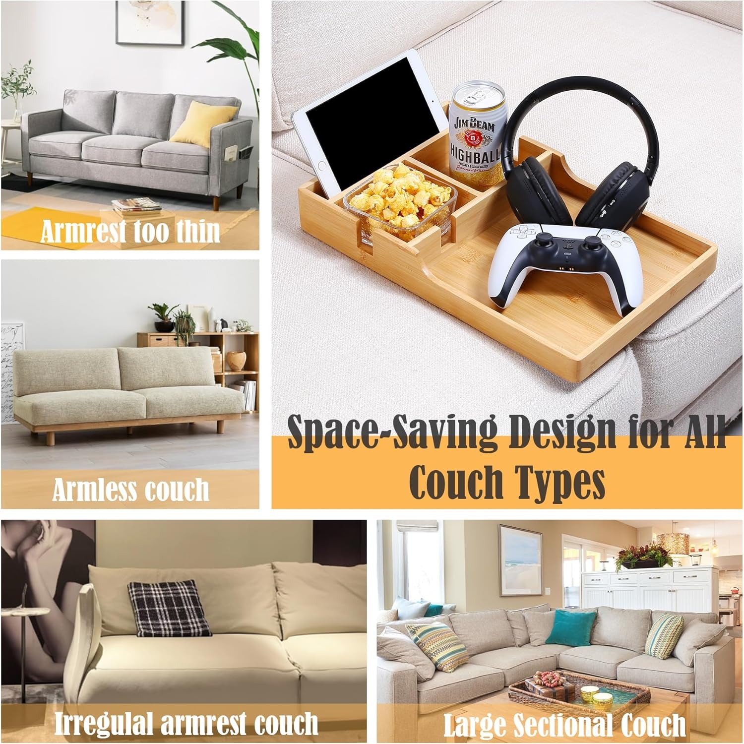 Couch Tray, 2-In-1 Insert & Flat Sofa Organizer Bamboo with 2 Cup Holders,Fits Seat Gaps or Ottomans,For Snacks, Drinks, Remotes,15.35X9.84-Inch