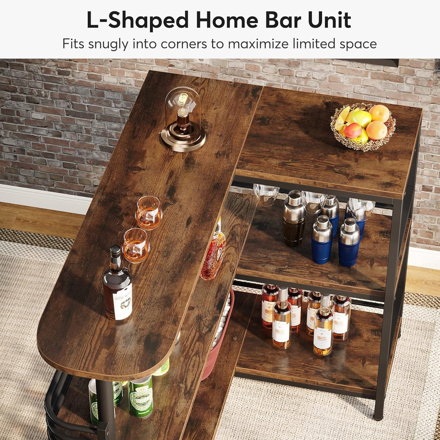 L-Shaped Home Bar Unit, 3 Tier Liquor Table with Storage Shelves and Wine Glasses Holder, Industrial Corner Wine Cabinet Mini Bar for Home Kitchen Pub, Rustic Brown