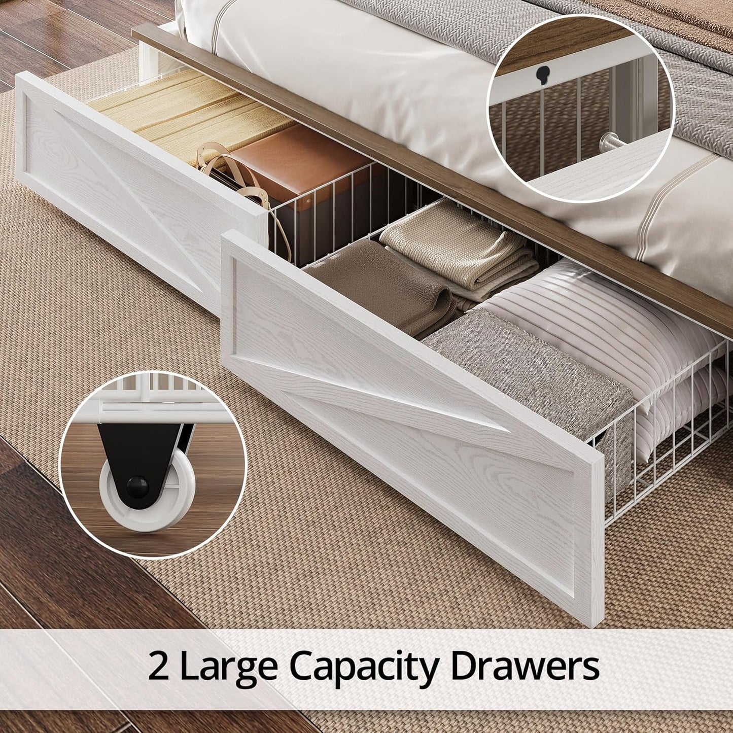 Farmhouse King Size Bed Frame with LED Light and Charging Station, Wood Bed Frame with Storage Headboard and 2 Drawers， Barn Door Design, Sturdy and Noiseless, White