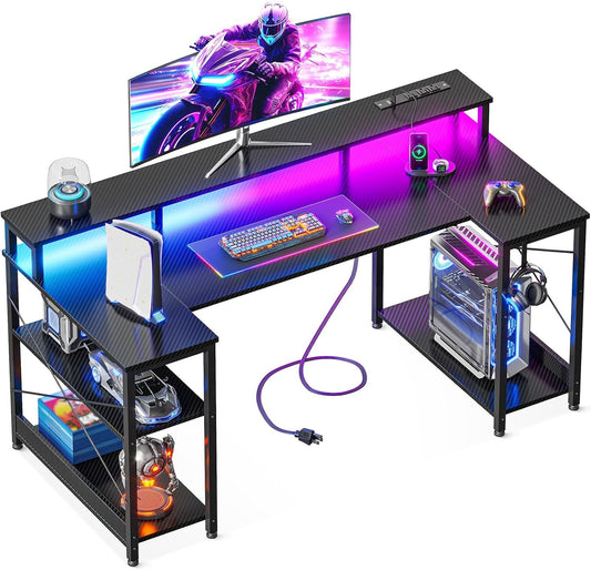 48 Inch Gaming Desk with LED Lights and Power Outlet, U-Shaped Computer Desk with Monitor Stand and Storage Shelves, PC Gamer Table for Home Office, Carbon Fiber Black