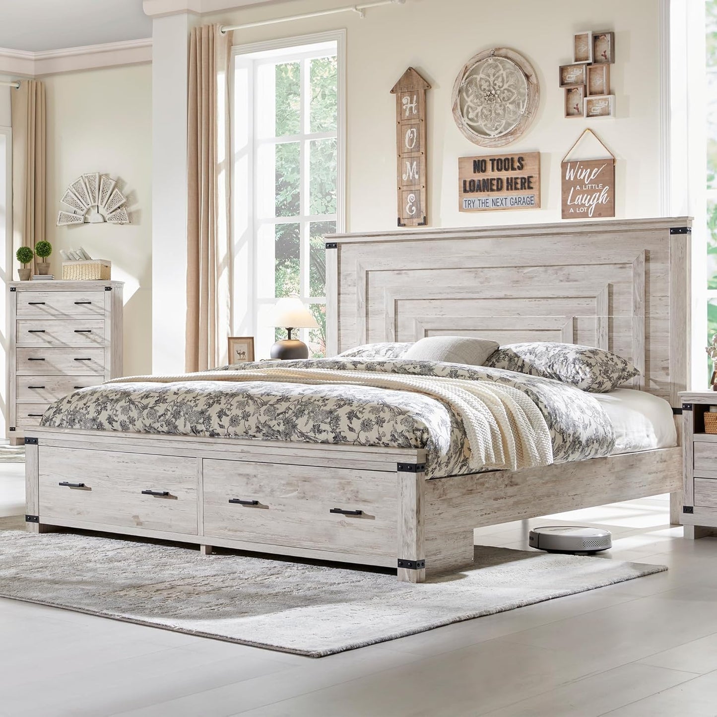 Farmhouse King Size Wood Bed Frame with 54" Tall Geometric Headboard, 2 Large Storage Drawers, Solid Wood Slats Support, Noise Free, No Box Spring Needed, Antique Brush White