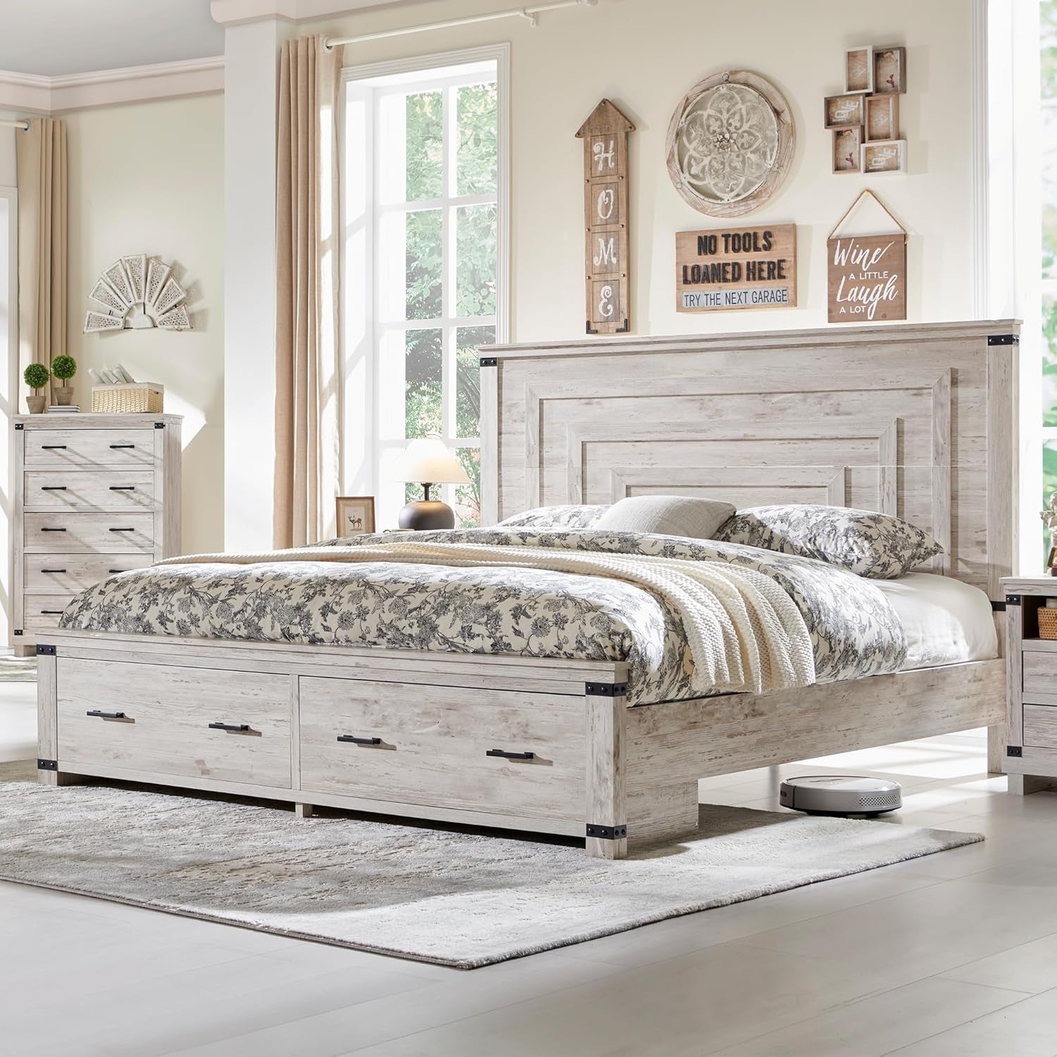 Farmhouse King Size Wood Bed Frame with 54" Tall Geometric Headboard, 2 Large Storage Drawers, Solid Wood Slats Support, Noise Free, No Box Spring Needed, Antique Brush White