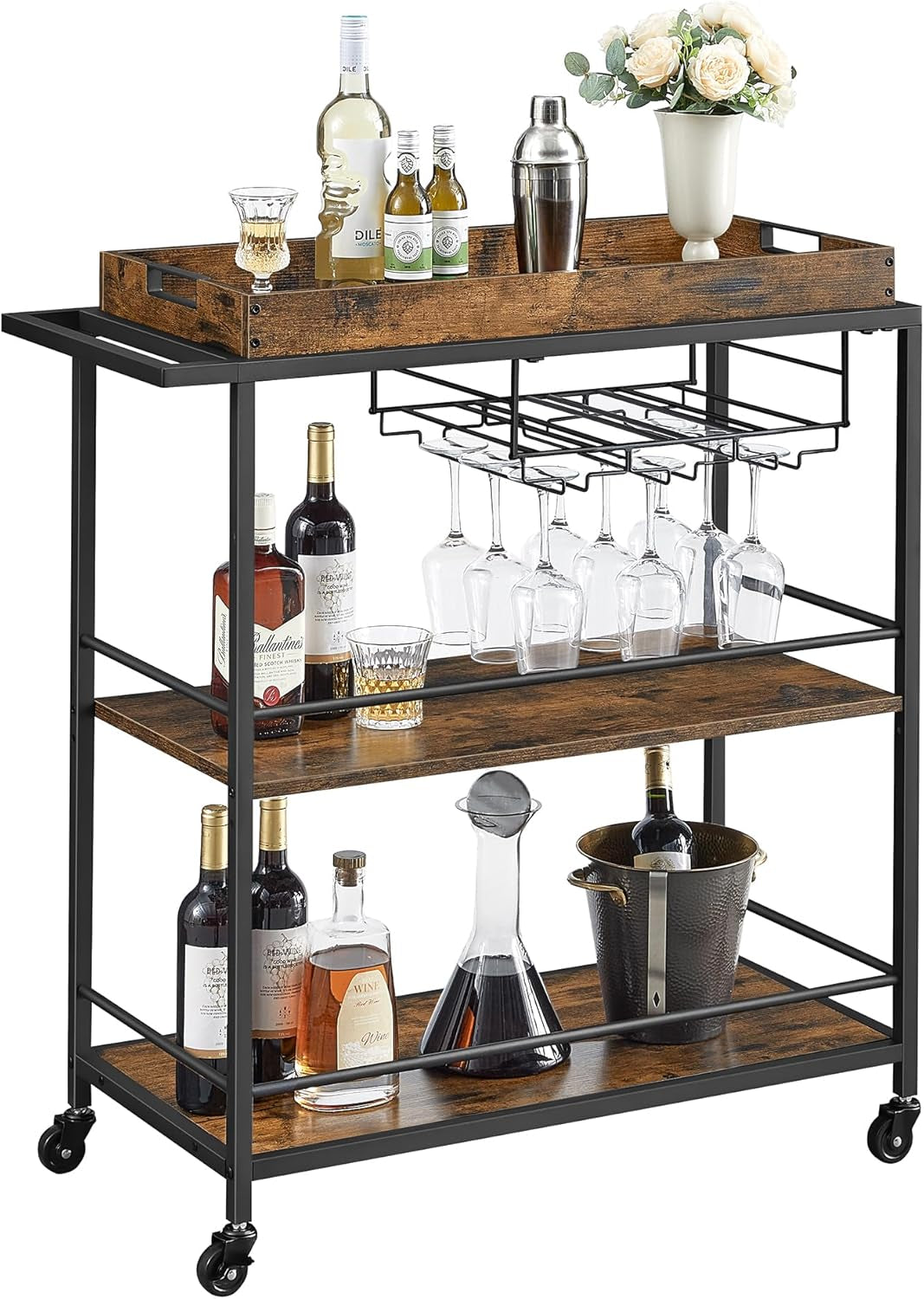 Kitchen Serving Cart with Removable Tray, 3-Tier Kitchen Utility Cart on Wheels with Storage, with Brakes, Leveling Feet, 15.7 X 34.6 X 37.8 Inches, Rustic Brown and Black ULRC093B01