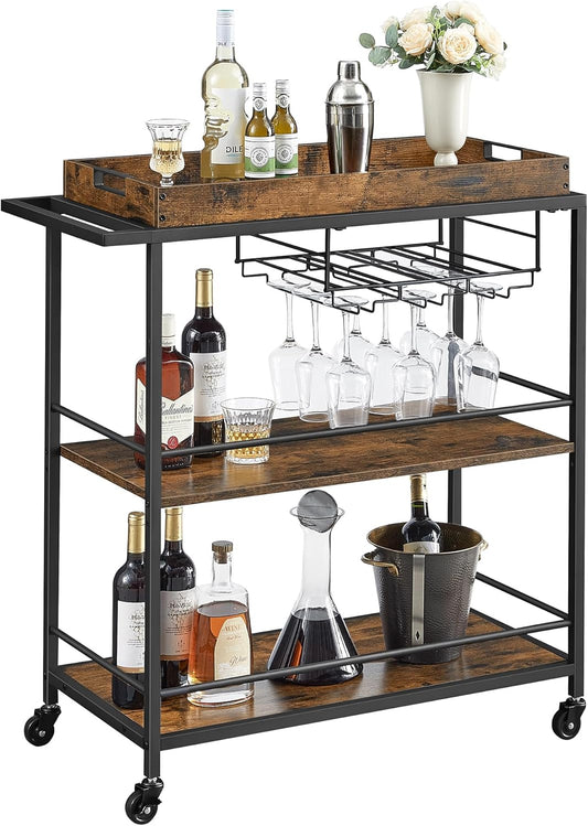 Kitchen Serving Cart with Removable Tray, 3-Tier Kitchen Utility Cart on Wheels with Storage, with Brakes, Leveling Feet, 15.7 X 34.6 X 37.8 Inches, Rustic Brown and Black ULRC093B01
