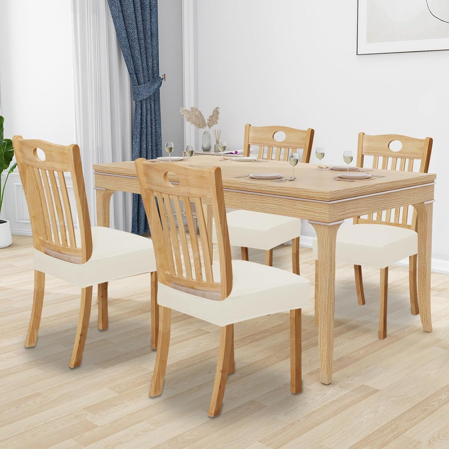 100% Waterproof Seat Covers for Dining Room Chairs Set of 4, Stretch Chair Seat Slipcovers Protector Removable and Washable Kitchen Dining Chair Covers, Ivory