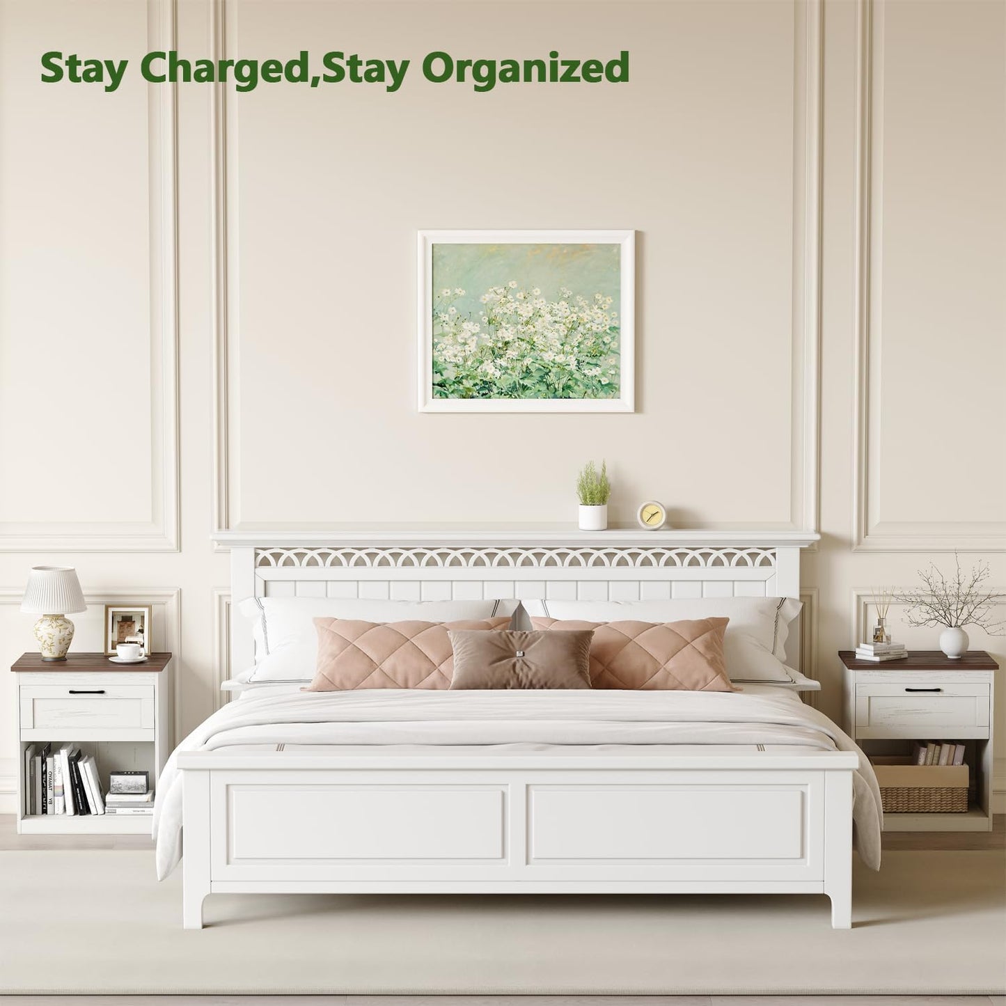 Farmhouse Nightstands Set of 2, Bedroom Night Stand with 1 Drawers, Wooden Bedside Tables 15.6" D X 18.7" W X 21.26" H, White and Brown Wood Grain Finish