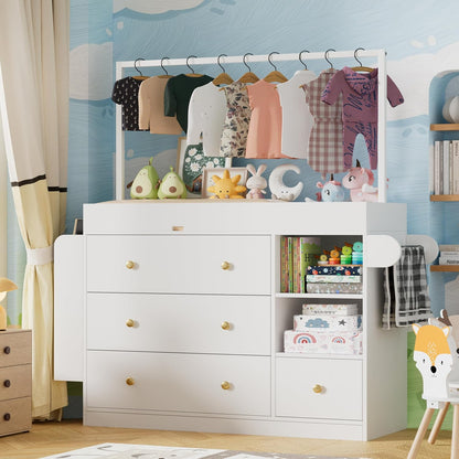 Modern Changing Table Dresser,Baby Dressing Table with 4 Drawers and Storage Shelves,Multi-Functional Baby Changing Table with Drying Rack for Nursery, White