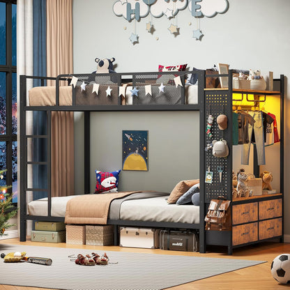 Metal Bunk Bed Twin over Twin with Hall Tree, Power Outlet, LED Bunk Bed with 4 Storage Drawers, Bed with Safety Guardrail & Ladders, No Box Spring Needed, Easy Assembly, Rustic Brown