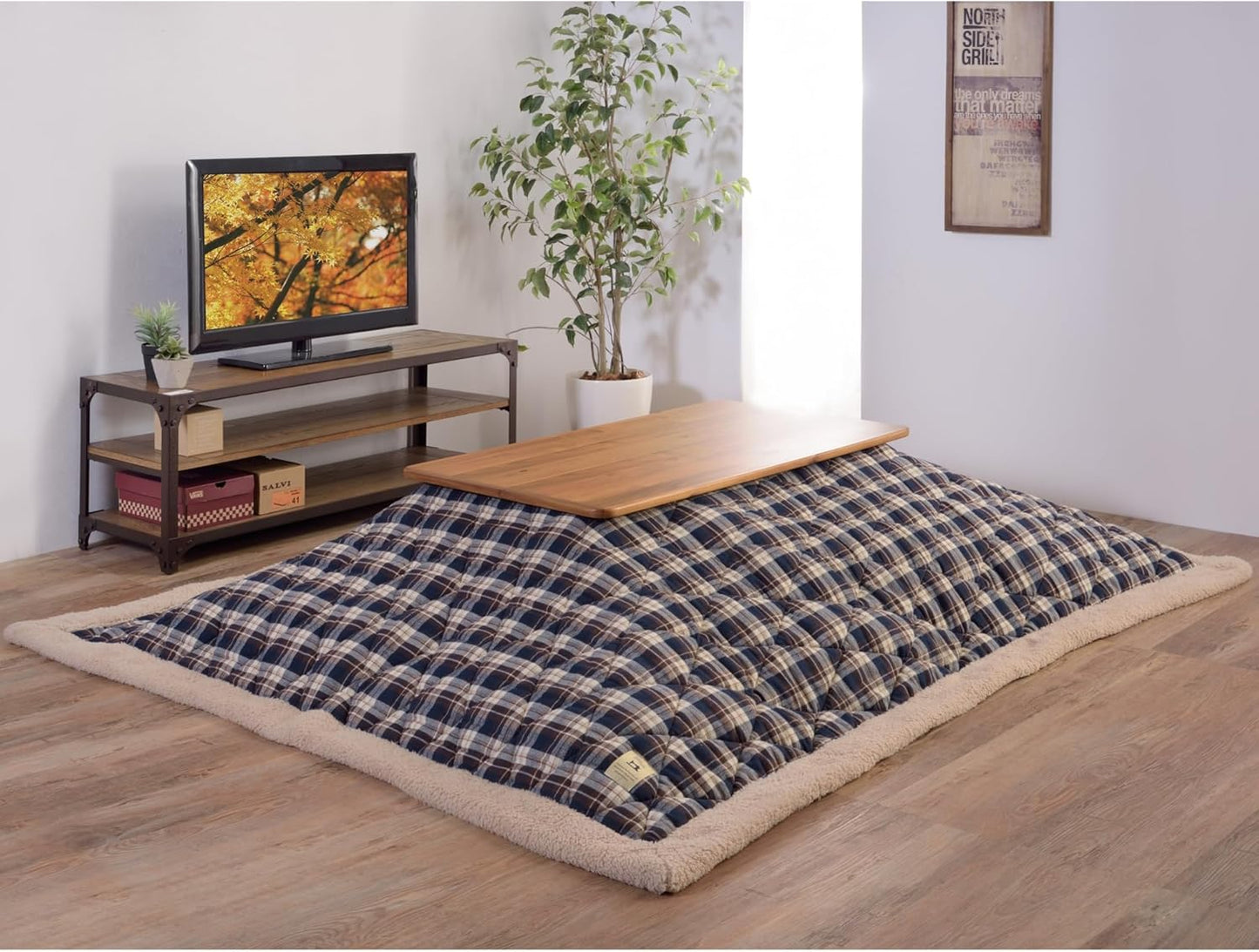 Kotatsu Futon Comforter Square Shape W75 X D75 Inches, Polyester Fabric Material, Home and Living, Navy Checked Design KK-103BL, This Order Comes Only Futon Comforter