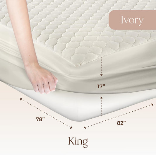 100% Cotton Organic Mattress Pad - Breathable & Cooling Mattress Protector King Size - Premium 300GSM Quilted and Machine Washable - Fairtrade & GOTS Certified Bed Protector (Ivory, King)