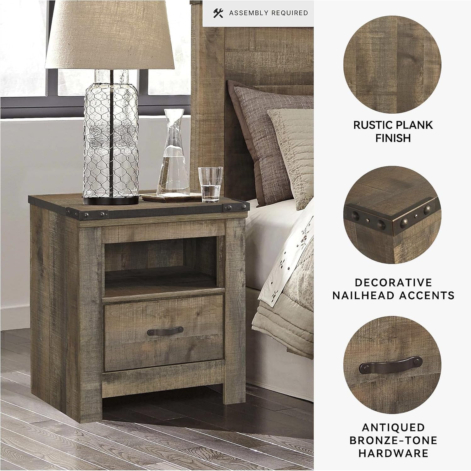 Signature Design by Ashley Trinell Rustic 1 Drawer Nightstand, USB Charing, Storage Cubby, Nailhead Accents, Wood, 24.72" W X 16.18" D X 26.22" H, Warm Brown