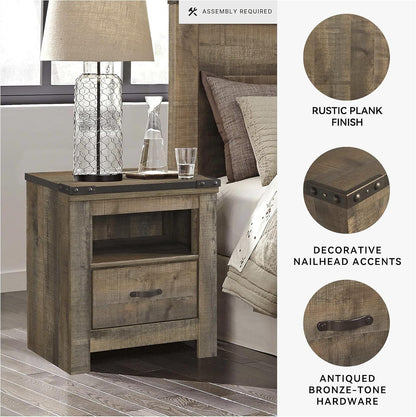 Signature Design by Ashley Trinell Rustic 1 Drawer Nightstand, USB Charing, Storage Cubby, Nailhead Accents, Wood, 24.72" W X 16.18" D X 26.22" H, Warm Brown