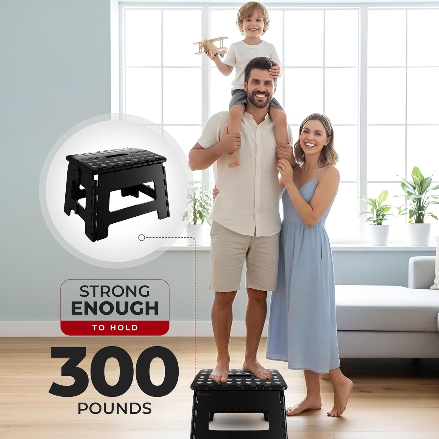 Folding Step Stool with Handle - (Pack of 1) Anti-Slip Foot Stool with 9 Inch Height - Holds up to 300 Lbs - Sturdy Plastic Foldable Step Stool for Kitchen, Bathroom & Living Room (Black)