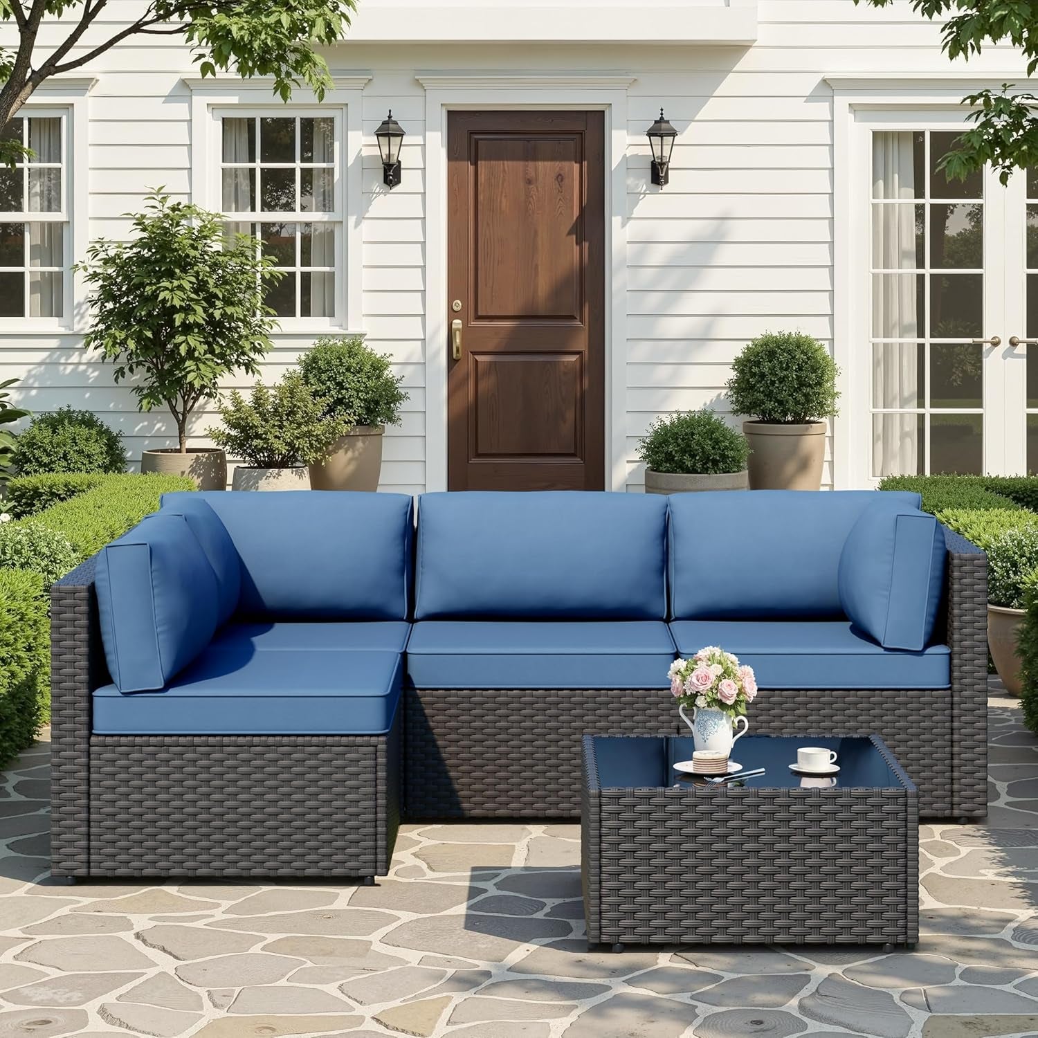 Patio Furniture Sets, 5-Piece Outdoor Patio Furniture with Thick Cushions, Wicker Outdoor Conversation Set Sectional Sofa for Backyard, Poolside, Garden, Aegean Blue