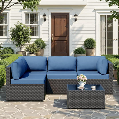 Patio Furniture Sets, 5-Piece Outdoor Patio Furniture with Thick Cushions, Wicker Outdoor Conversation Set Sectional Sofa for Backyard, Poolside, Garden, Aegean Blue